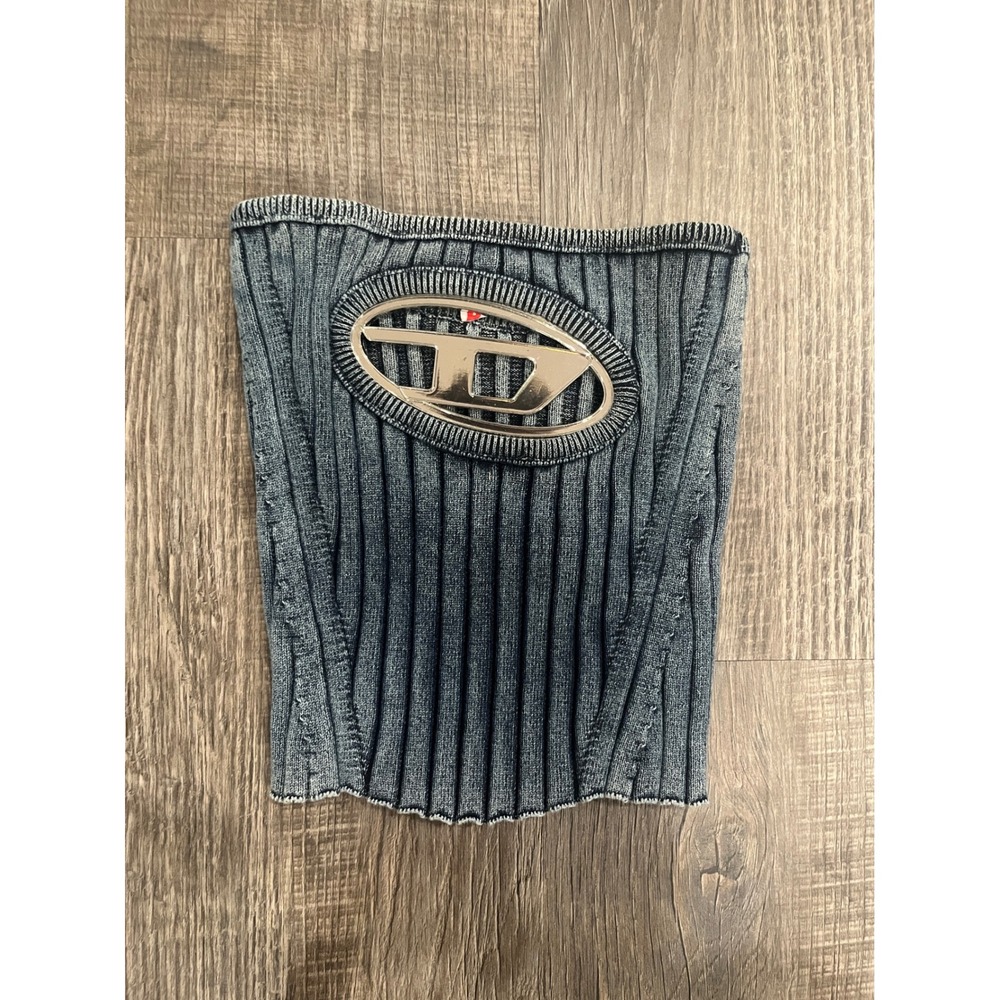 Diesel M-Aris-Top Ribbed Knit Tube Top Denim Effect Metal D Logo Blue XS